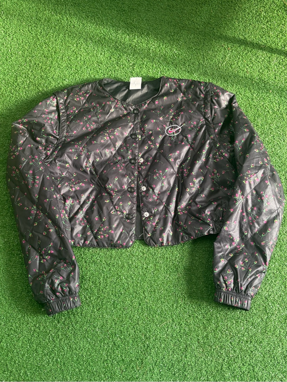 Nike Black Quilted Cropped Puffer Jacket with Pink Floral Print